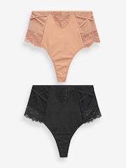 Black/Nude Thong Tummy Control Lace Knickers 2 Pack - Image 1 of 6