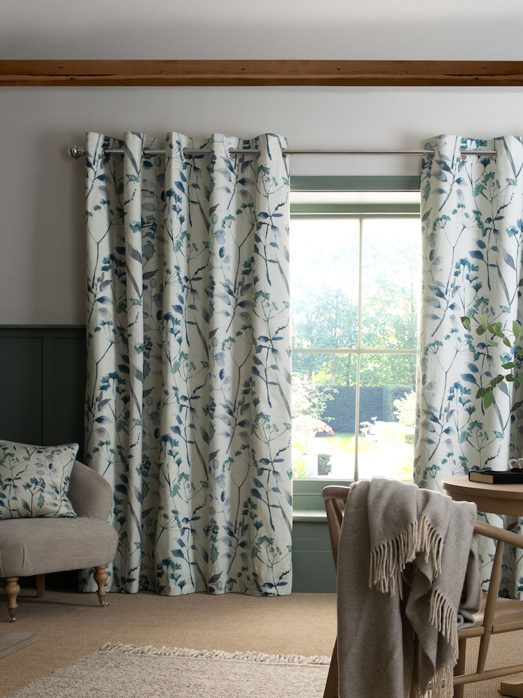 Blue Isla Floral Print Blackout/Thermal 100% Cotton Eyelet Curtains - Image 3 of 7