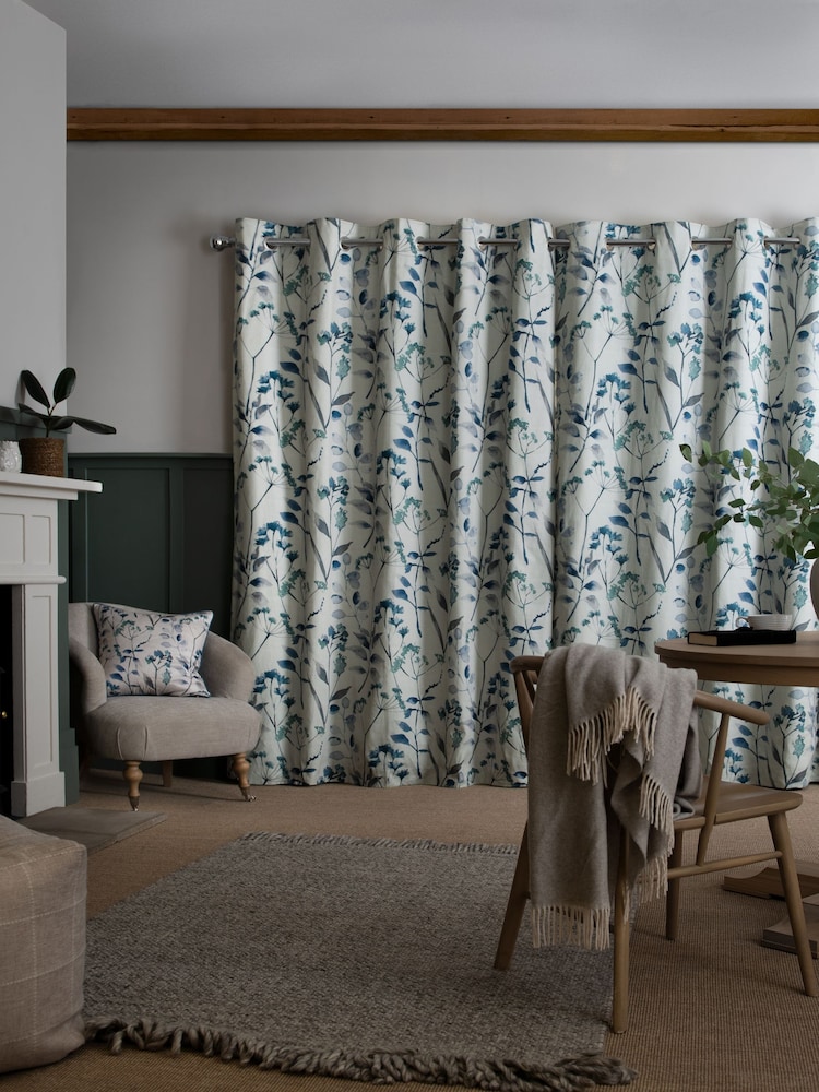Blue Isla Floral Print Blackout/Thermal 100% Cotton Eyelet Curtains - Image 6 of 7