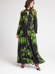 Black/Green Floral Long Sleeve Button Detail Mesh Maxi Dress - Image 1 of 6
