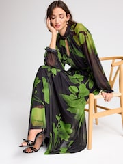 Black/Green Floral Long Sleeve Button Detail Mesh Maxi Dress - Image 2 of 6