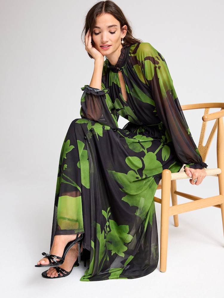 Black/Green Floral Long Sleeve Button Detail Mesh Maxi Dress - Image 2 of 6