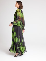 Black/Green Floral Long Sleeve Button Detail Mesh Maxi Dress - Image 3 of 6