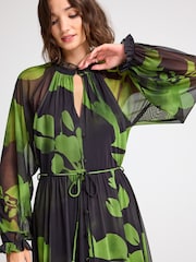 Black/Green Floral Long Sleeve Button Detail Mesh Maxi Dress - Image 4 of 6