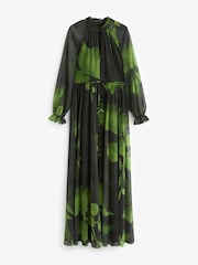 Black/Green Floral Long Sleeve Button Detail Mesh Maxi Dress - Image 5 of 6