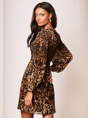 Lipsy Brown Animal Placement Printed Long Sleeve Shift Mini Dress - Image 2 of 4