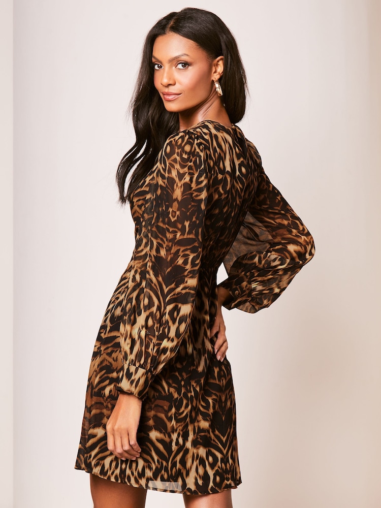 Lipsy Brown Animal Placement Printed Long Sleeve Shift Mini Dress - Image 2 of 4 Lipsy Brown Animal Placement Printed Long Sleeve Shift Mini Dress - Image 2 of 4