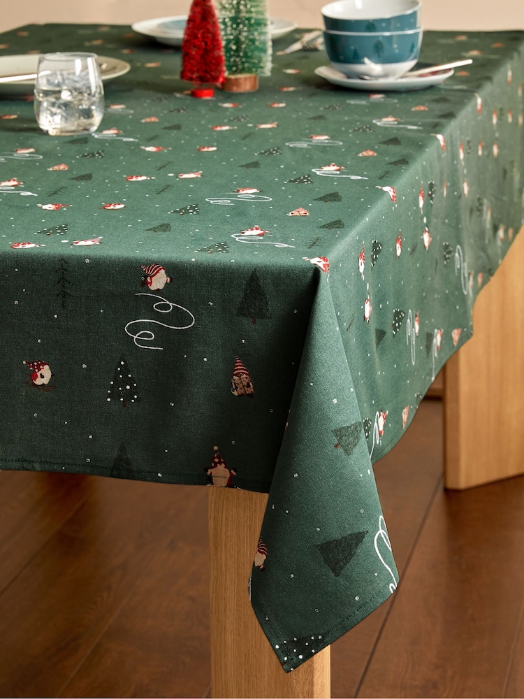 Green Christmas Gonk Wipe Clean 100% Cotton Table Cloth - Image 1 of 3