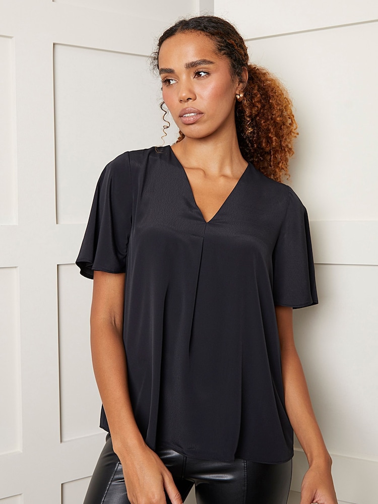Threadbare Black V-Neck Flutter Sleeve Blouse - Image 1 of 4