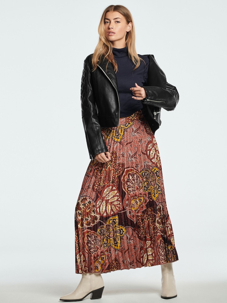 Berry Red Printed Satin Pleated Midi Skirt - Image 1 of 7