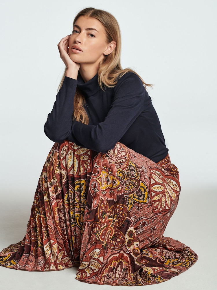 Berry Red Printed Satin Pleated Midi Skirt - Image 2 of 7