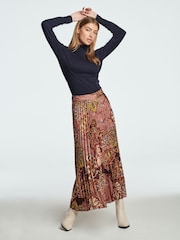 Berry Red Printed Satin Pleated Midi Skirt - Image 3 of 7
