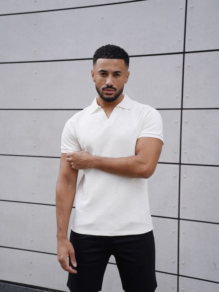 Alb - Tricou polo texturat din jerseu slub CAPO - Imaginea 2 din 5