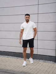 Alb - Tricou polo texturat din jerseu slub CAPO - Imaginea 3 din 5