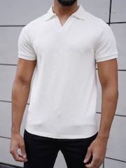 Alb - Tricou polo texturat din jerseu slub CAPO - Imaginea 5 din 5