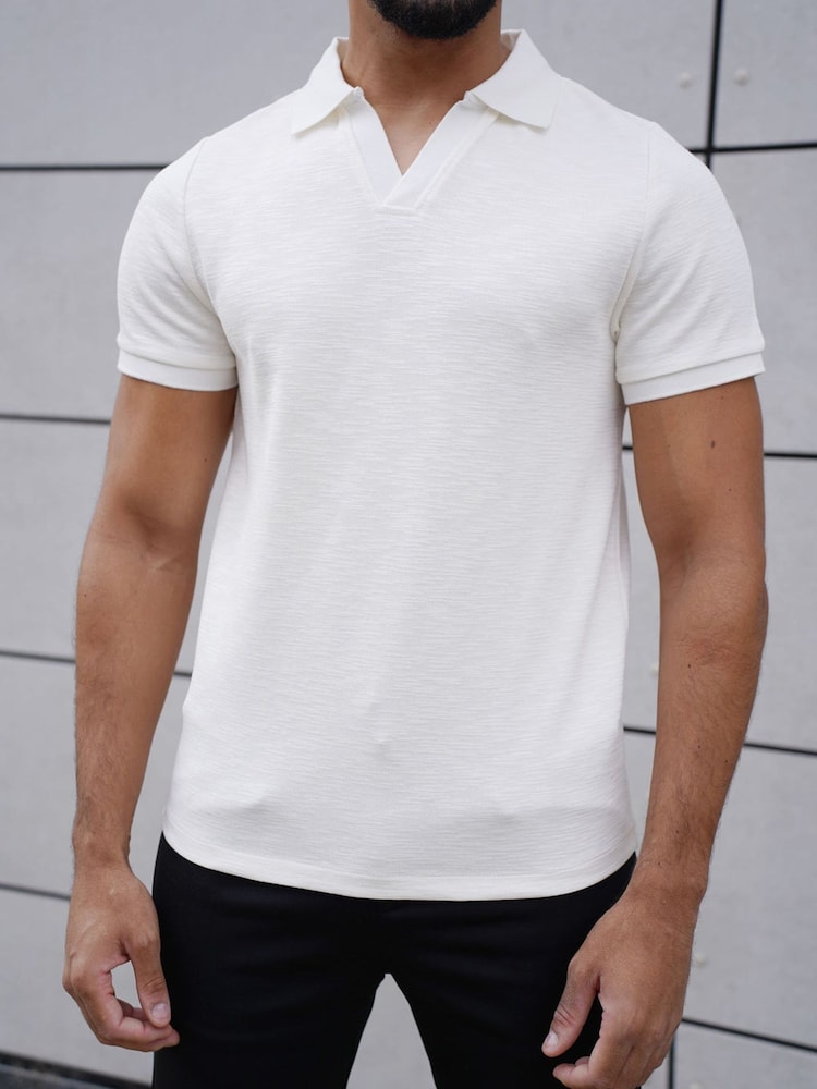 Alb - Tricou polo texturat din jerseu slub CAPO - Imaginea 5 din 5