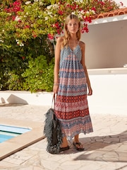 Blau mit Holzschnittmuster - Maxi-Sommerkleid mit Stufendetail - Bild 1 von 8