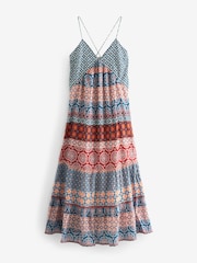 Blau mit Holzschnittmuster - Maxi-Sommerkleid mit Stufendetail - Bild 7 von 8