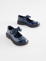 Navy Patent Standard Fit (F) Bow Chunky Mary Jane School Shoes - Image 1 of 6