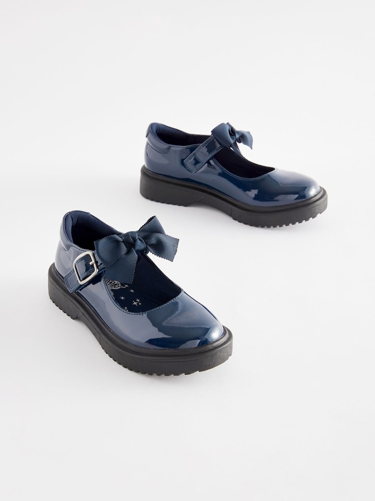 Navy Patent Standard Fit (F) Bow Chunky Mary Jane School Shoes - Image 1 of 6