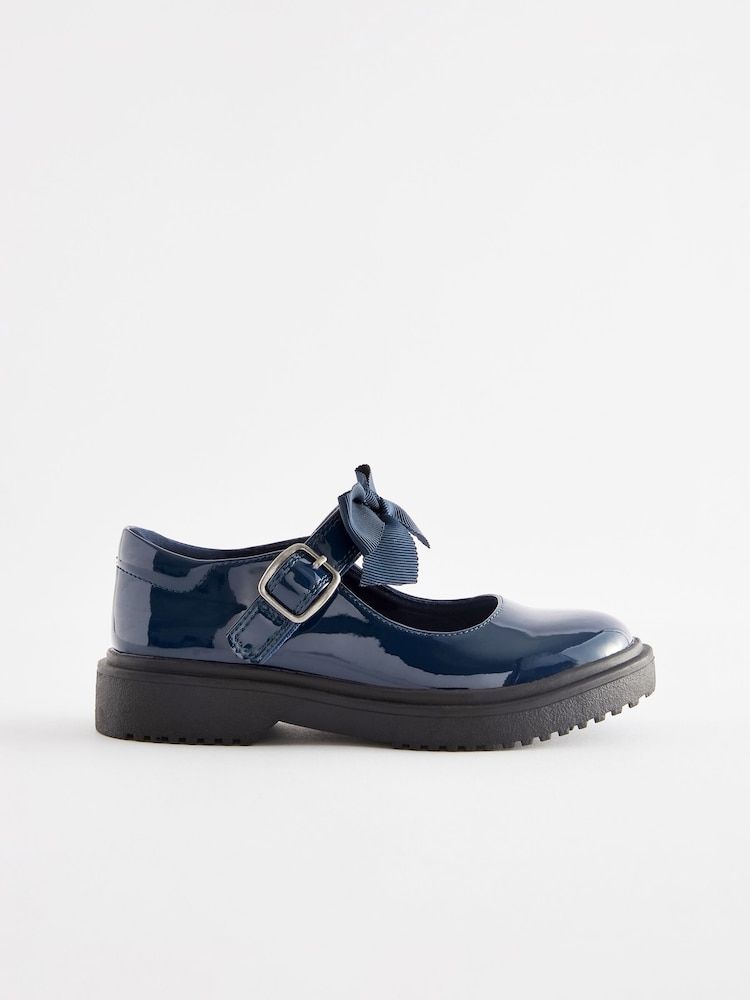 Navy Patent Standard Fit (F) Bow Chunky Mary Jane School Shoes - Image 2 of 6