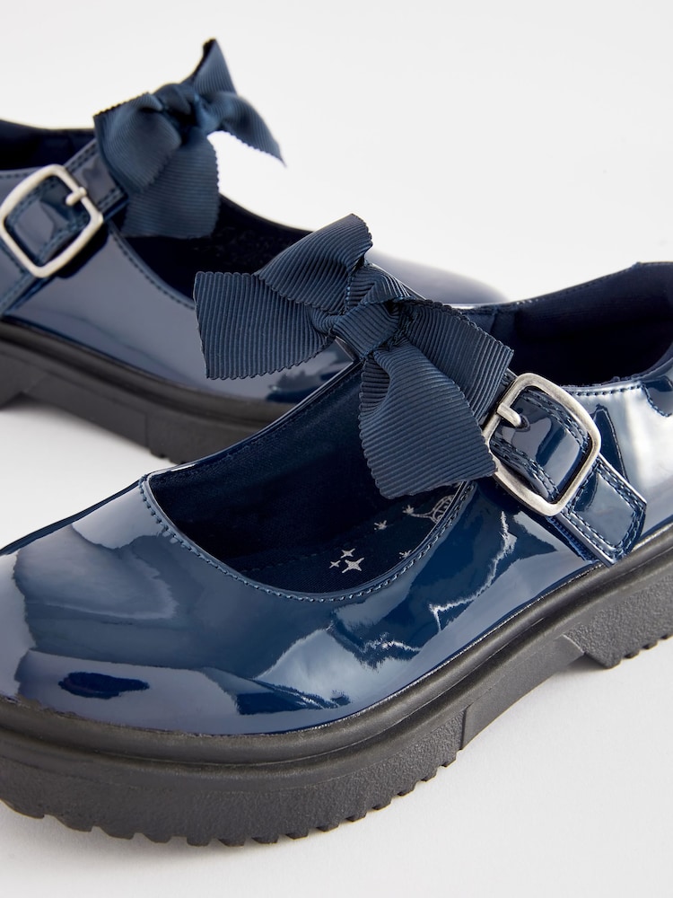 Navy Patent Standard Fit (F) Bow Chunky Mary Jane School Shoes - Image 3 of 6