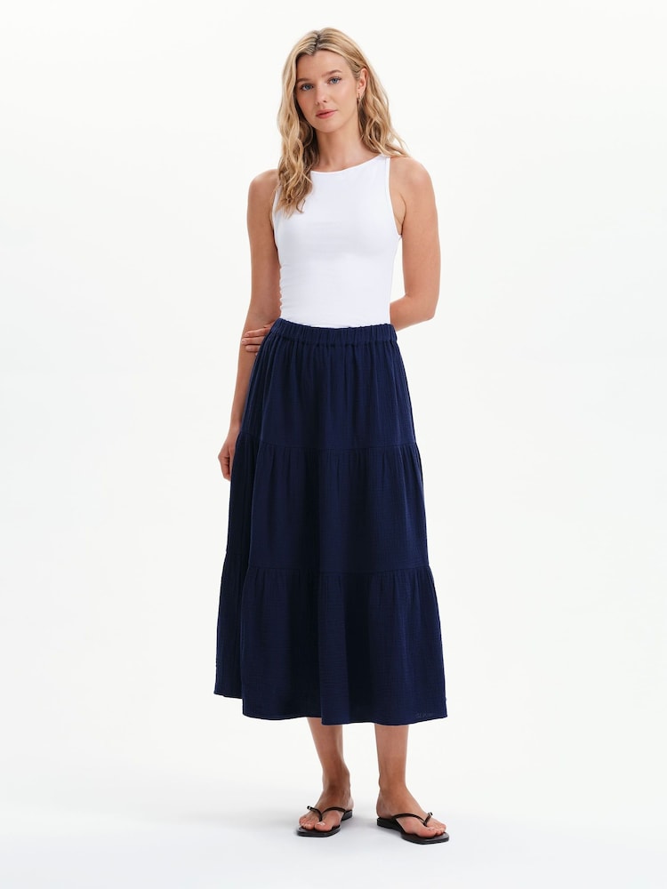 Finery Navy Blue Harriet Cotton Cheesecloth Midi Skirt - Image 1 of 4 Finery Navy Blue Harriet Cotton Cheesecloth Midi Skirt - Image 1 of 4