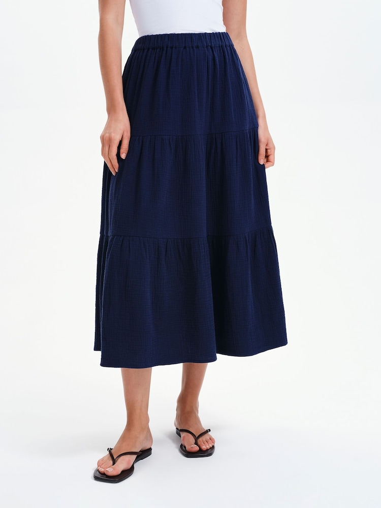 Finery Navy Blue Harriet Cotton Cheesecloth Midi Skirt - Image 2 of 4 Finery Navy Blue Harriet Cotton Cheesecloth Midi Skirt - Image 2 of 4