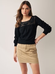 Black Lace Mesh Insert Square Neck Long Sleeve Top - Image 1 of 5
