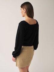 Black Lace Mesh Insert Square Neck Long Sleeve Top - Image 2 of 5