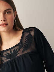 Black Lace Mesh Insert Square Neck Long Sleeve Top - Image 3 of 5