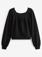 Black Lace Mesh Insert Square Neck Long Sleeve Top - Image 4 of 5