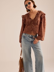 Anthropologie Brown Ruffle Embroidered Tie-Front Blouse - Image 1 of 4