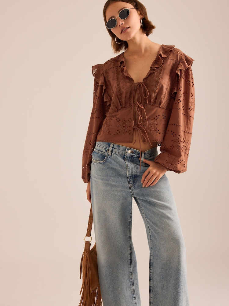 Anthropologie Brown Ruffle Embroidered Tie-Front Blouse - Image 1 of 4 Anthropologie Brown Ruffle Embroidered Tie-Front Blouse - Image 1 of 4