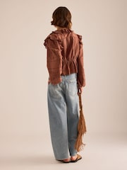 Anthropologie Brown Ruffle Embroidered Tie-Front Blouse - Image 2 of 4