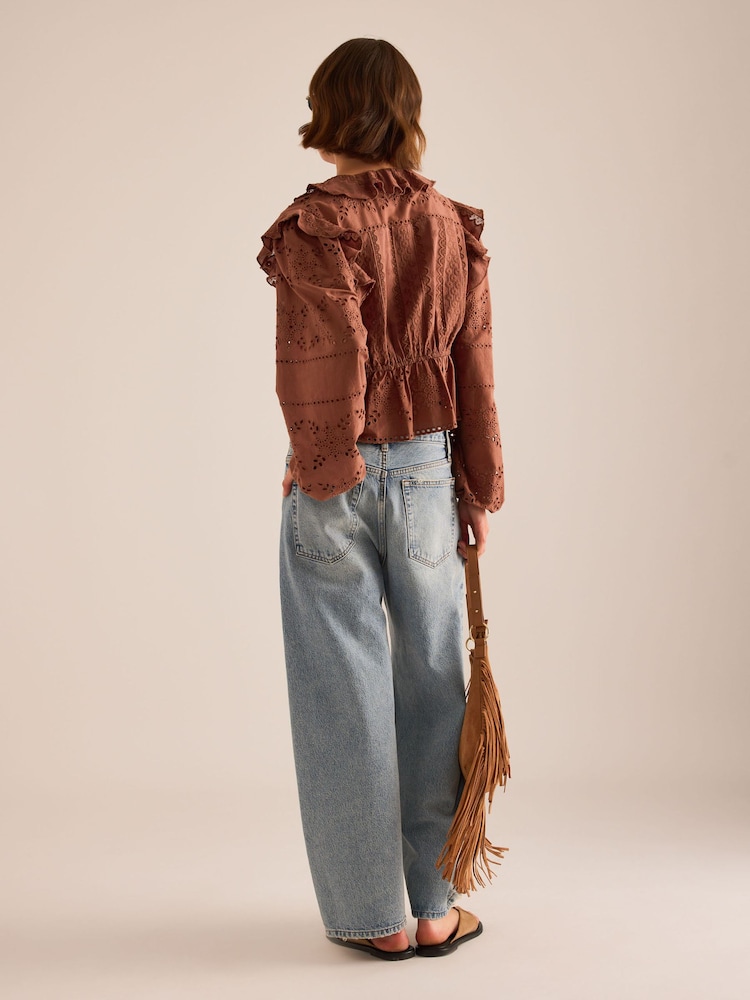 Anthropologie Brown Ruffle Embroidered Tie-Front Blouse - Image 2 of 4 Anthropologie Brown Ruffle Embroidered Tie-Front Blouse - Image 2 of 4