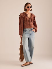 Anthropologie Brown Ruffle Embroidered Tie-Front Blouse - Image 3 of 4