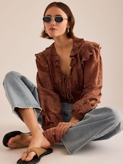 Anthropologie Brown Ruffle Embroidered Tie-Front Blouse - Image 4 of 4