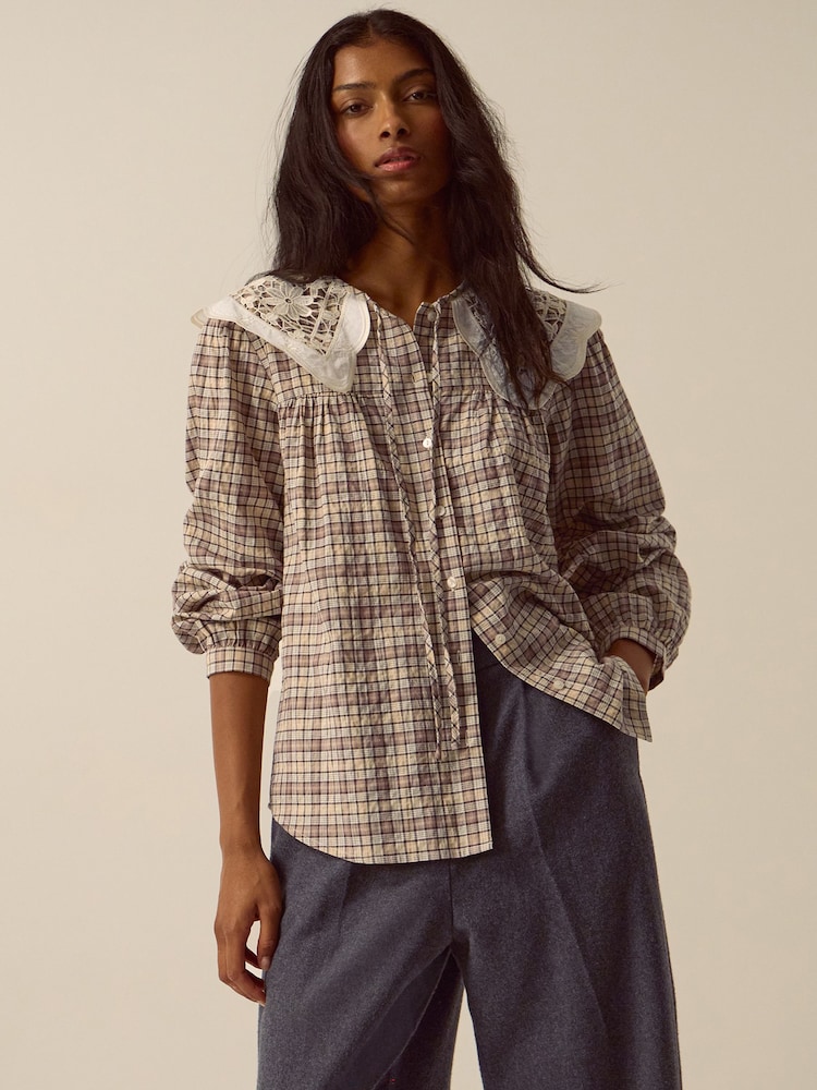 Monsoon Brown Thea Lace Collar Check Shirt - Image 1 of 5