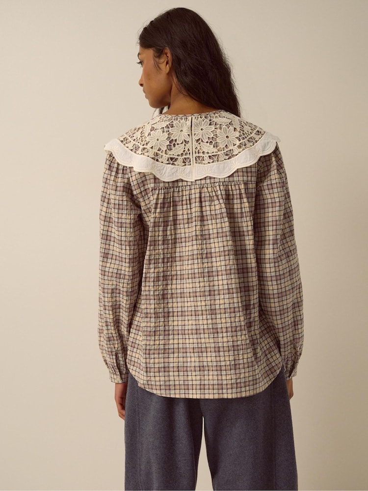 Monsoon Brown Thea Lace Collar Check Shirt - Image 2 of 5