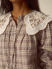 Monsoon Brown Thea Lace Collar Check Shirt - Image 5 of 5