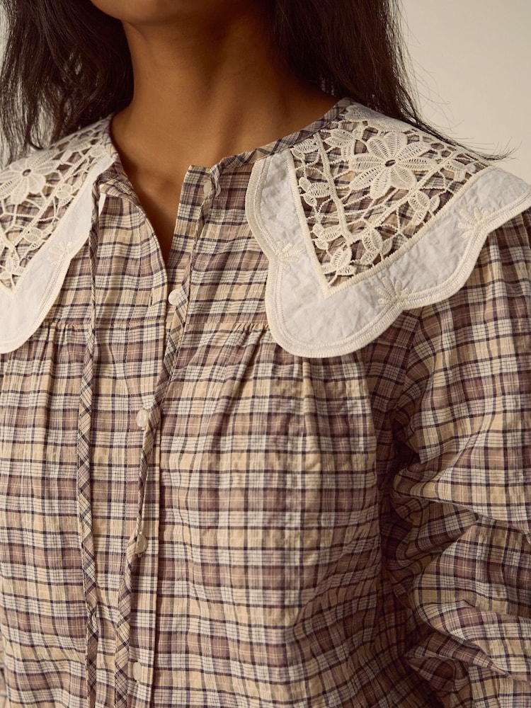 Monsoon Brown Thea Lace Collar Check Shirt - Image 5 of 5
