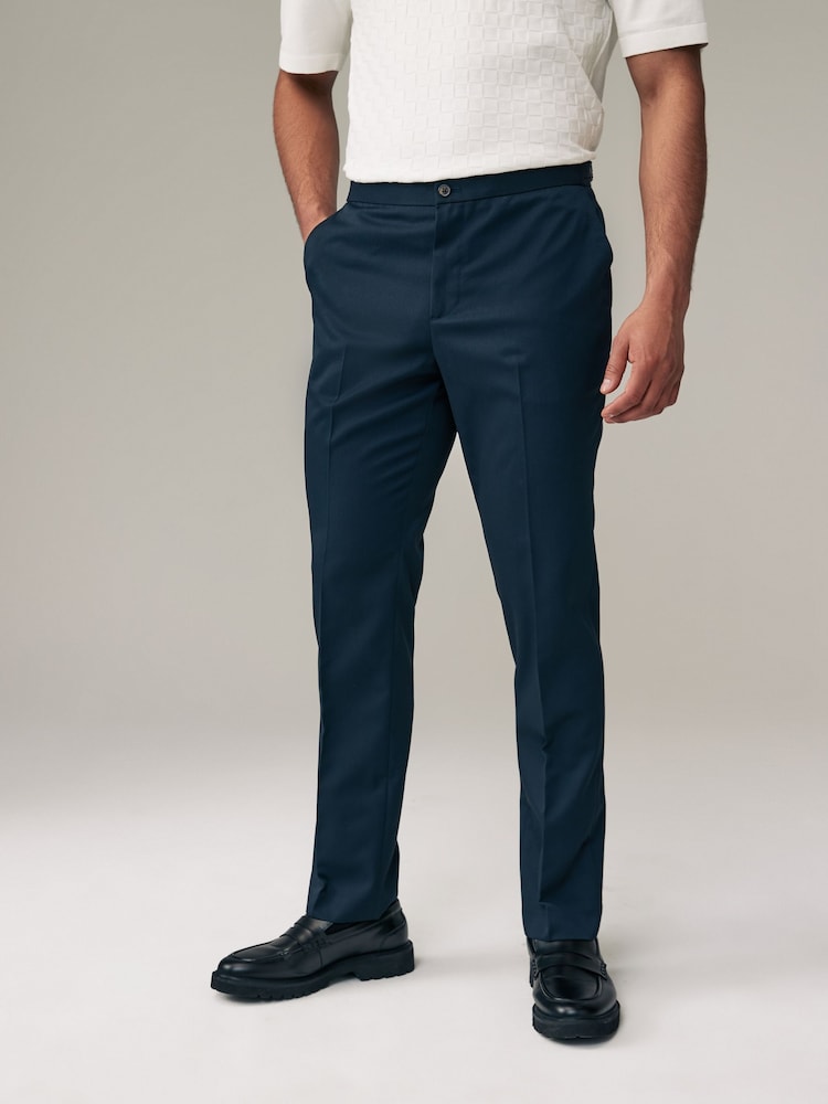 Navy Blue Slim Fit Smart Twill Side Adjuster Trousers - Image 1 of 9