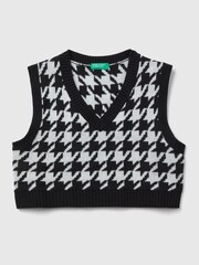 Benetton Houndstooth V-Neck Knitted Black Vest - Image 1 of 3