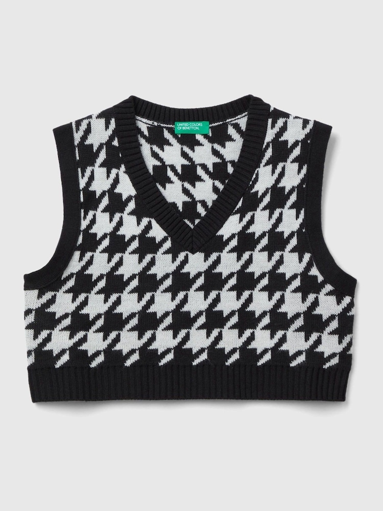 Benetton Houndstooth V-Neck Knitted Black Vest - Image 1 of 3