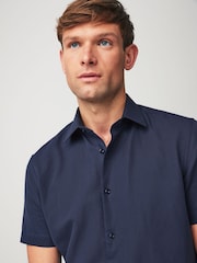 Navy Blue Textured Linen Blend Shirt - Image 1 of 7