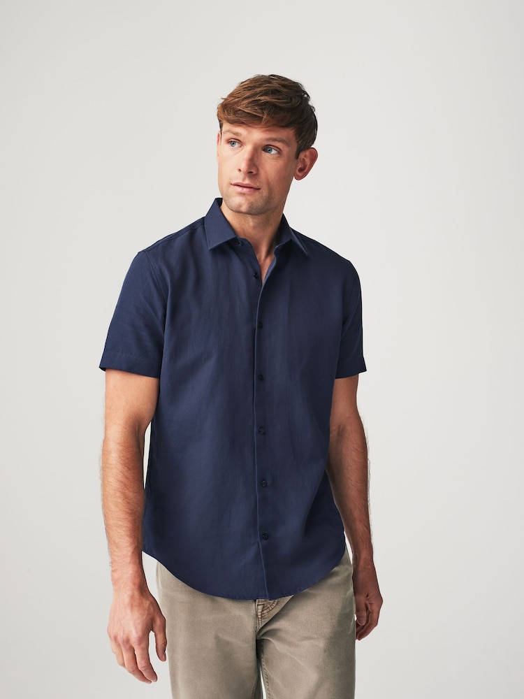 Navy Blue Textured Linen Blend Shirt - Image 2 of 7