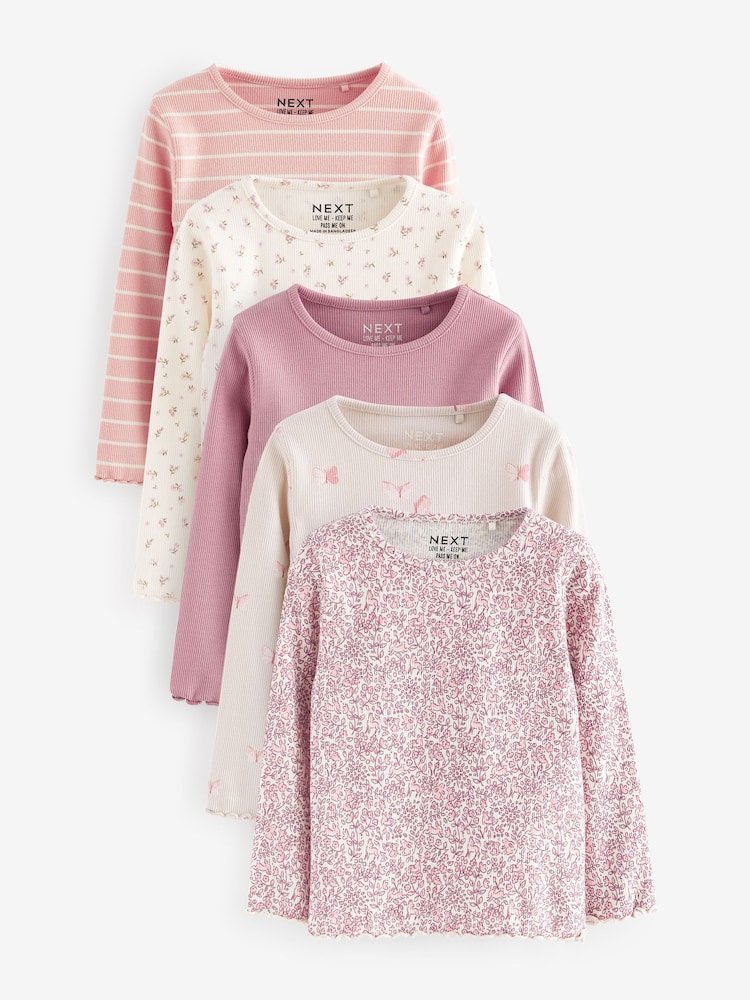 Pink Ribbed Long Sleeve Tops 5 Pack (3mths-7yrs) - Image 1 of 8