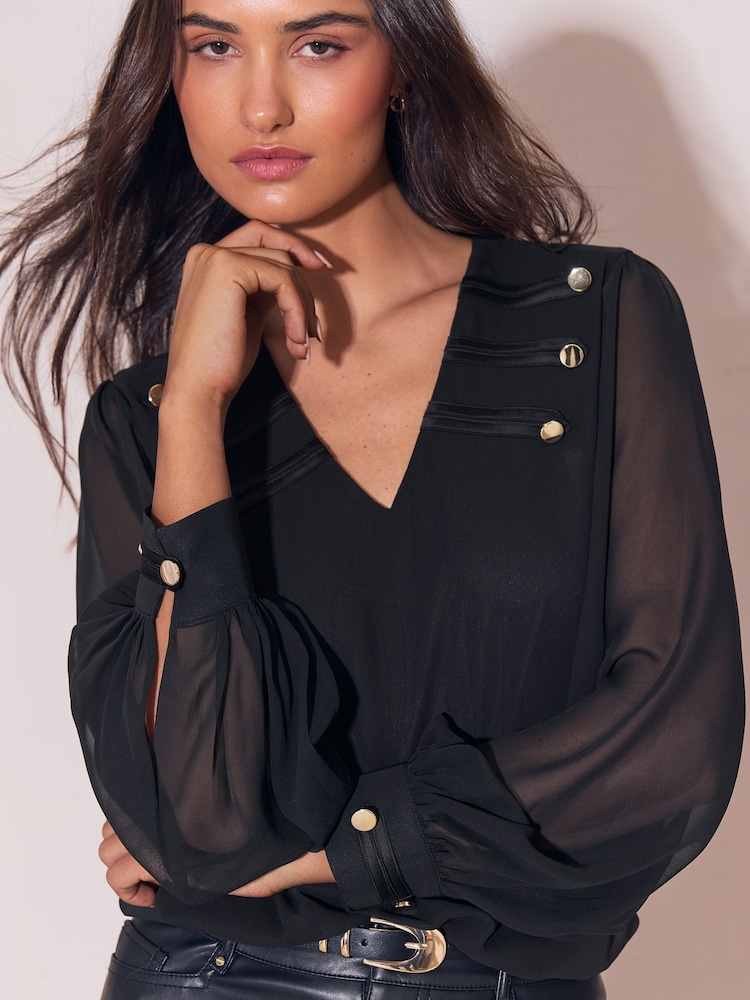 Lipsy Black Military V-Neck Woven Blouse - Image 1 of 4
