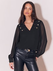 Lipsy Black Military V-Neck Woven Blouse - Image 2 of 4